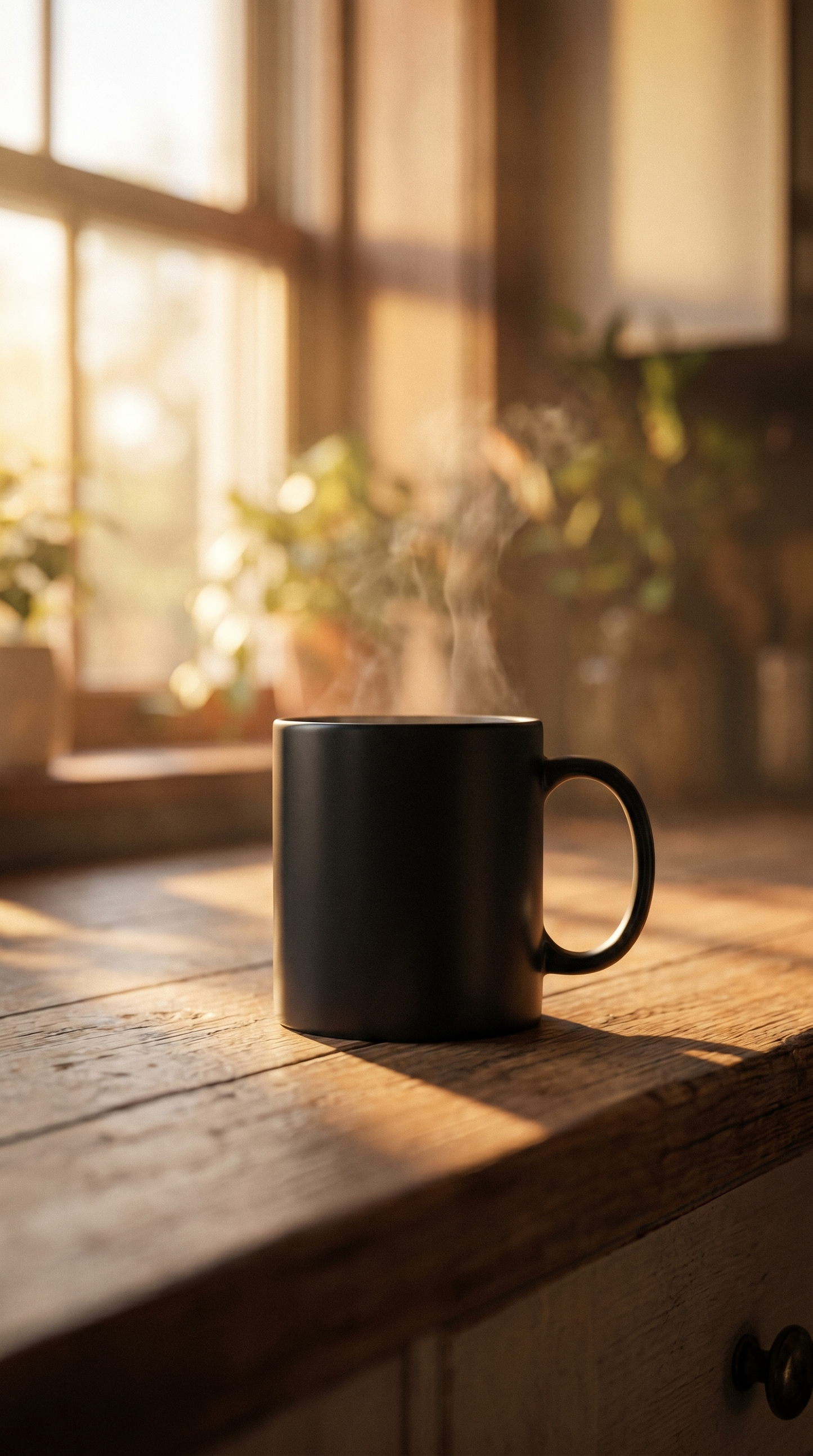 Mood Ring Mug appears plain matte black when cold on a wooden table