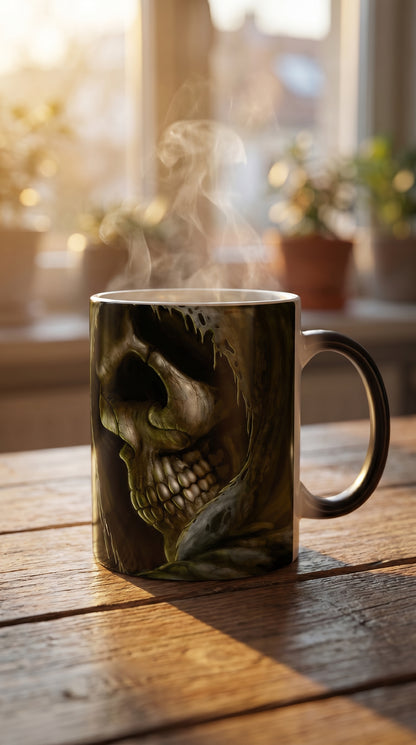 Color-changing skull mug revealed with hot coffee in warm morning light