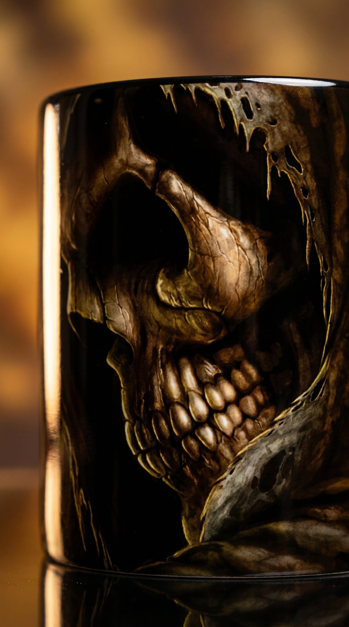 Close-up of the skull design revealed on the heat-reactive color-changing mug