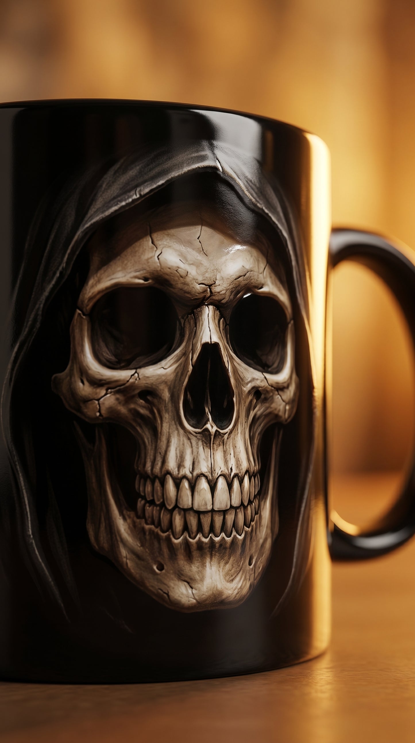 Detailed grim reaper skull design on premium black ceramic mug, front view
